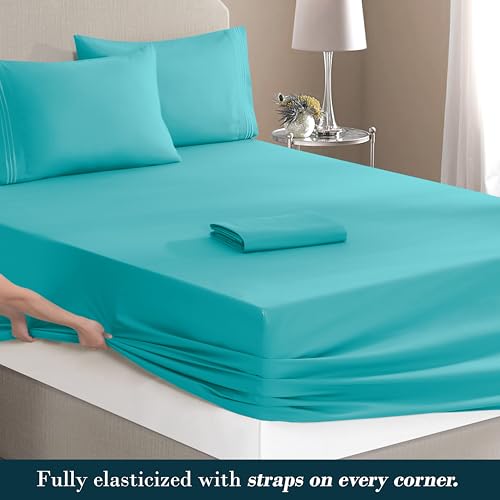 Image of Mocassi Luxury 4-Piece Sheet Set, Ultra Soft 1800 Premium Hotel Quality Microfiber Sheet Set, Fits Mattresses Up to 18 to 24 Inches Extra Deep Pocket - Breathable and Secure Fit, Twin, Teal