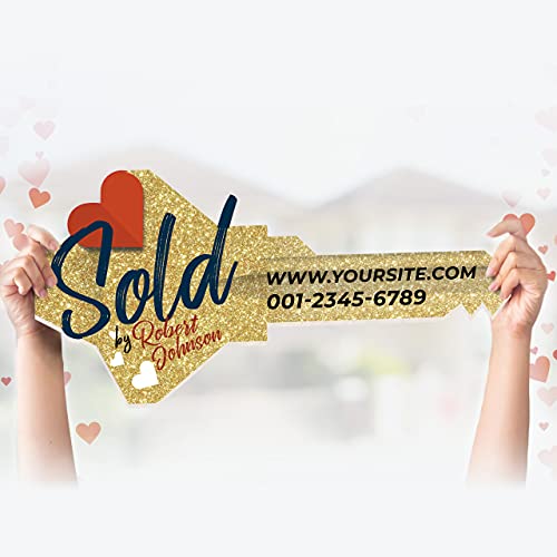 Customized Real Estate Sold Key Prop - Personalized Giant Key Sign For Realtors - Custom Sold Key For Real Estate Marketing - Real Estate Closing Prop House Key - Gold Heart Style Size L