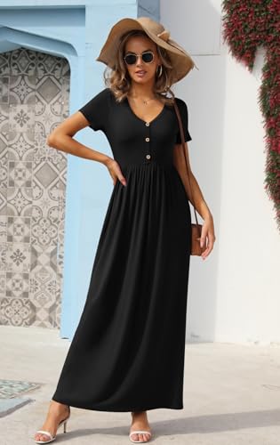 Image of GRECERELLE Womens Summer Long Maxi Dresses 2026 Short Sleeve V Neck Casual Button Dress with Pockets