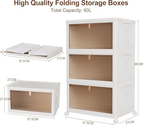 Image of Strassis Design 3 Door Portable Plastic Wardrobe for Bedroom | Large Clothes Almirah with Hanging Rod & Storage Shelves | Dustproof Transparent Doors | Movable Cabinet with Wheels (White)