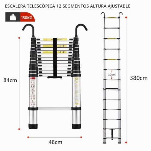 Miniatura 2 de Stanew Escalera Telescópica De 3.8 M De Aluminio, Plegable, Reposabrazos Extraíble, Multifunción Portátil Plegable Extensible, Carga Máxima De 150 Kg