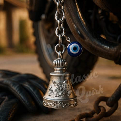 Image of Evil Eye Hooked Guardian Bell Keychain - Protective Lucky Charm Bell with Clip Hook for Bike, Car, Key & Bag | Spiritual Good Luck Talisman Gift