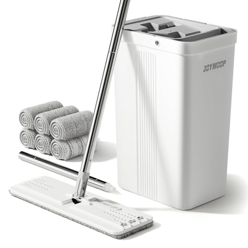 JOYMOOP - Fregona y Cubo con escurridor para el hogar, Cubo Plano Blanco para Limpieza del Suelo, Escoba Manos Libres de Uso húmedo y seco para Paredes, 152,4 cm con 6 Almohadillas de Microfibra