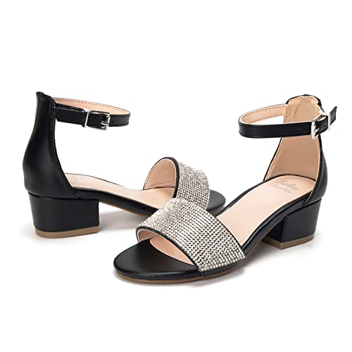 Image of FUNKYMONKEY Girls Low Heels Sandals Open Toes with Ankle Strap Rhinestone Dress Shoes for Kids