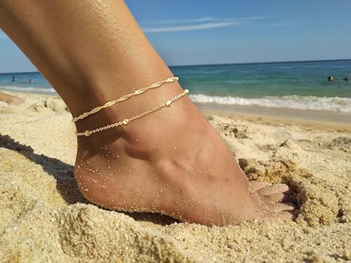 Image of Gold Ankle Bracelets for Women,14K Real Gold Plated Waterproof Anklets Set Layered Anklets for Women Dainty Trendy Jewelry Gift Non Tarnish