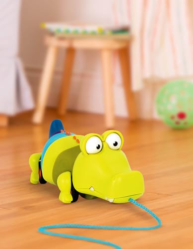 Image of B. toys Pull Along Toy, Waggle-A-Longs Snappity Scott Crocodile Toy | Push or pull crocodile walking toy with string; mouth opens, tail waggles, wheels roll; 1 piece; fully assembled; 18+ Months
