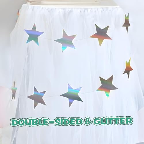 Image of 4-Pack Star Garland, Iridescent Star Garland Banner, 52 Feet Twinkle Twinkle Little Star Decorations for Christmas,4 inchx13ft Each,Holiday Party Hanging Decor,Birthday Decorations,Graduation Decorations