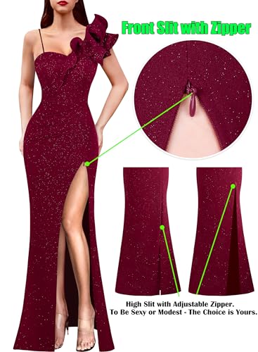 Image of VFSHOW Womens Ruffle One Shoulder Strap Ruched Formal Prom Wedding Maxi Dress V Neck Elegant Split Cocktail Evening Long Gown