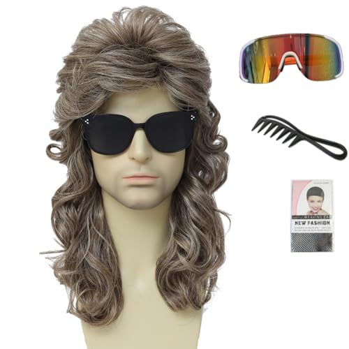 Image of Men's Long Curly Mullet Wig, 80s Retro Rock Synthetic Wig, Fluffy Curly Wig for Halloween, Cosplay, 80s Theme Party and Country Western Costume (Light Brown)