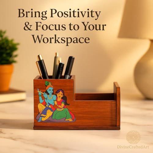 Image of Handcrafted Wooden Pen Holder & Mobile Stand | Desk Organizer for Office, Home & Study Table | Pen Pencil Stand with Card Holder (6.75x3.75x2.5 Inch) (Krishana Radhe Desk)