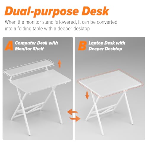 Image of WOHOMO Folding Computer Desk with Adjustable Height, 23.6 inch x 31.5 inch x 25.6 inch Foldable Table with Monitor Stand, Small Office Desk for Bedroom, Space Saving Desk for Home Office, Easy Assemble, White