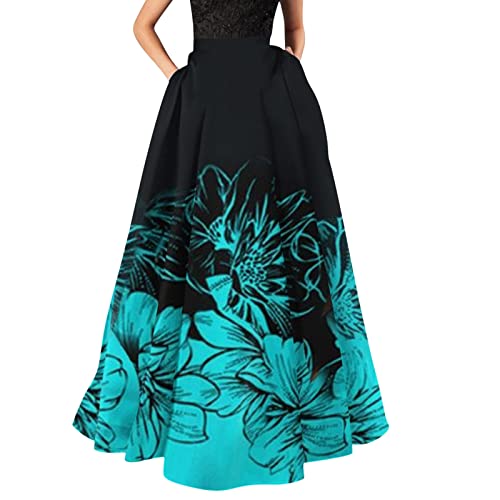Womens Boho Floral Printed Maxi Skirt Summer Beach High Waisted Mopping Floor Length A Line Long Skirts with Pockets