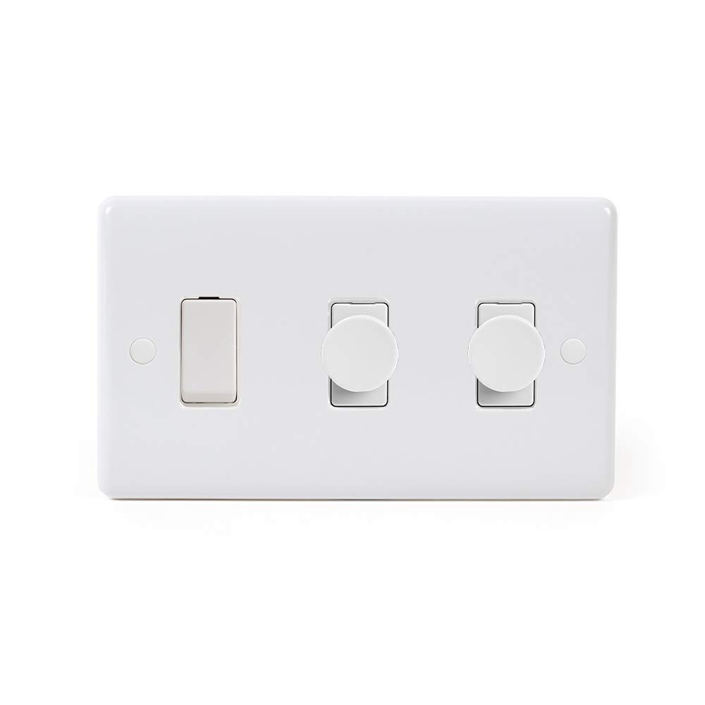 Lieber Silk White 3 Gang Light Switch with 2 Dimmers (2 Way Switch & 2X Trailing Dimmer) - Curved Edge