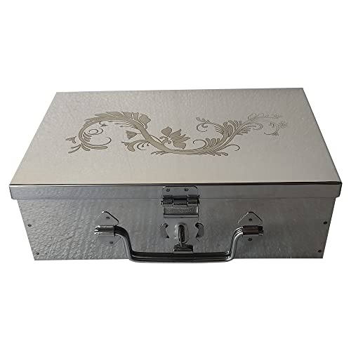 Image of Stainless Steel Steel Storage Boxes,Cash, Pooja Peti,Organizer,Safe Locker Box 9 inch Storage Box (Steel) W-9 inch, H-3 inch, L-6 inch Cash Box With Laser Print Design (Medium)