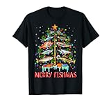Merry Fishmas Funny Christmas Tree Lights Fish Fishing Rod T-Shirt