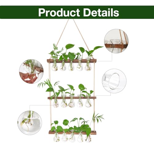 XXXFLOWER Wall Hanging Propagation Station with Wooden Stand 5 Bulb Vase 3 Tiered Planters Wall Terrarium for Home Office Plant Hanger Flower Vases Wall Decor(Brown) - Thumbnail 3