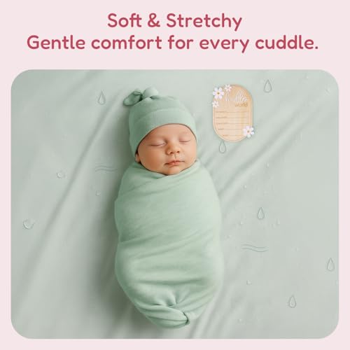 Image of Stretchy Swaddle Blanket for Newborns with Hat & Hello World Card-Soft Baby Swaddles 0-3 Months,47 inchx 47 inchSupersoft Swaddle Blanket,Receiving Blanket for Boys & Girls (Sage)