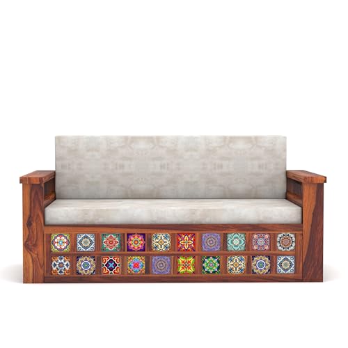 Image of Solid Sheesham Wood Sofa Cums Bed with Cushioned Seating & Handcrafted Tile Storage Front | Rosewood Convertible Sofa Bed for Living Room & Bedroom (Honey Finish)