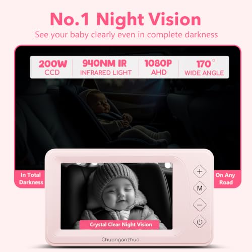 Image of Baby Car Camera with NO.1 Night Vision, 3X Zoom, USB Powered, 5'' HD 1080P IPS Crystal-Clear Car Baby Monitor, Backseat /Carseat Camera for Kids Infants Rear Facing, S100U Light Pink