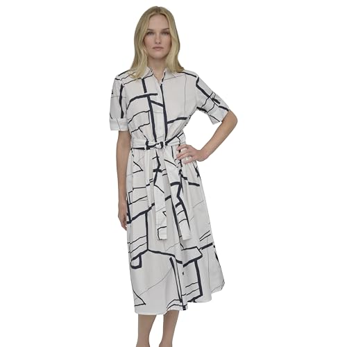 Image of DKNY Women's Short Sleeve Cotton Poplin Collared Midi Shirtdress