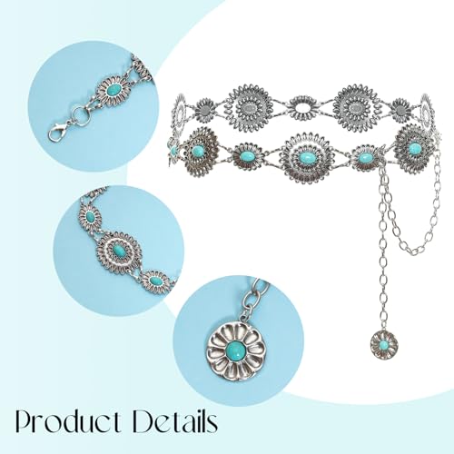 Heliltd 1pc Turquoise Red Stone Metal Chain Waist Belt Western Concho Belt for Women Boho Belts Cowgirl Dress for Jeans Skirt3