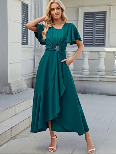 Image of QMZ Wedding Guest Dresses for Women V Neck Cocktail Dress Ruffle Sleeve A Line Evening Party Formal Dresses for Women