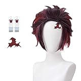 Demon Slayer Tanjiro Cosplay Wig Kimetsu No Yaiba Wig with Earrings Markings for Anime Cosplay
