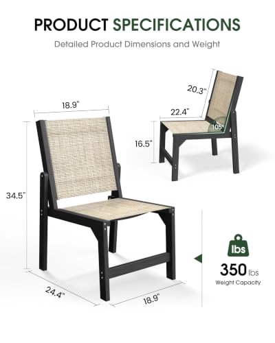 Image of Patio Stackable Chair, HDPE Armless Outdoor Dining Chairs with Wide Seat, All-Weather Textilene Oversized Porch Chair for Garden, Poolside, Backyard, Deck | Black