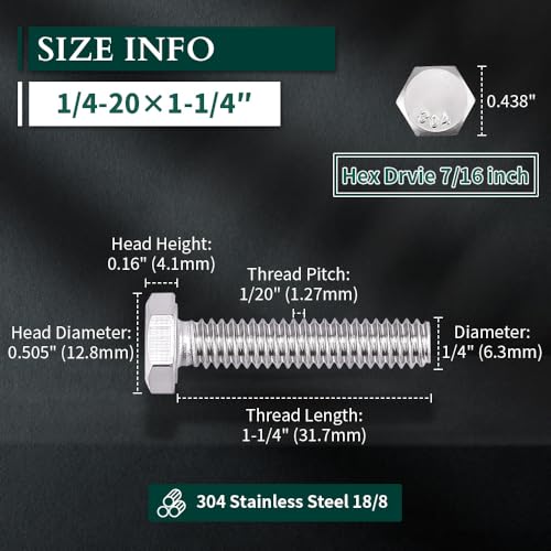 Image of 1 /4-20 x 1-1 /4 inch Hex Head Bolts Screws, 304 Stainless Steel 18-8, Fully Threaded, Hexagon Head Cap Bolts Screws, Coarse Thread UNC, 50 PCS
