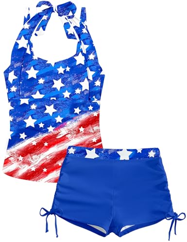 Image of Girls Swimsuit 2 Piece Halterneck Girls Tankini Swimsuit Drawstring Printed Swim Shorts Girl Bathing Suit for 7-18T