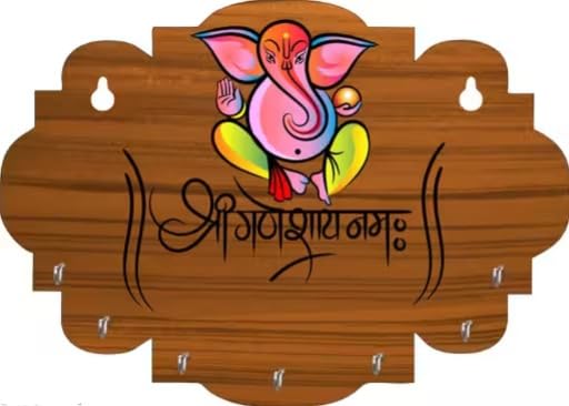 Image of Vintage Collection Wooden Key Holder for Wall, Wall Mounted Key Stand with Hooks, Hanging Rack for Living Room, Office and Door (Shree Ganeshay Keyholder)