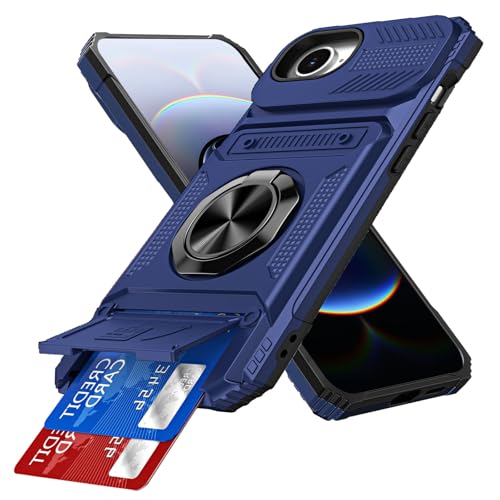 Coque iPhone 16e avec porte-cartes intégré 2 places béquille anneau 360 antichoc bleu 6.1 pouces LM