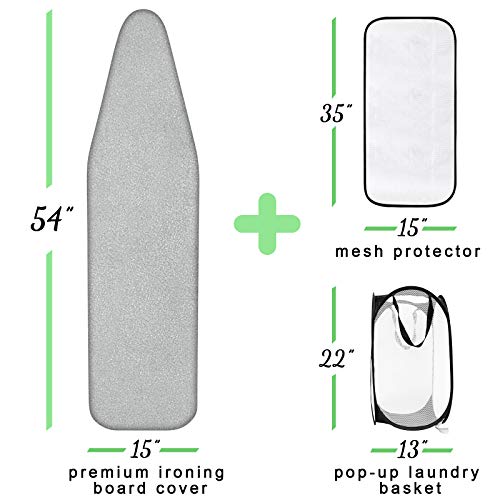 Seiritex Ironing Board Cover and Pad with Elastic Edge Scorch and Stain Resistant Silicone Thick Padding 15\" x 54\" Ironing Board Covers with 1 Pop-up Laundry Basket and 1 Protective Scorch Mesh Cloth