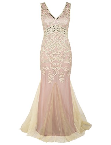 PrettyGuide Mujeres 1920s Vestido De Baile Largo Sirena Formal Vestido De Noche M Rosa Beige
