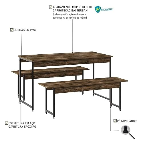 Conjunto Mesa de Jantar com 2 Bancos Estilo Industrial Active Yescasa