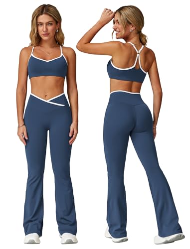 Sport-Set Zweiteiler Damen für Fitness: Kontrastfarbe Rückenfrei Gym Set mit Kompression gepolstertem BH und Crossover Po-Lifting Leggings Schlaghose - Yoga Outfit für Pilates Workout marineblau L