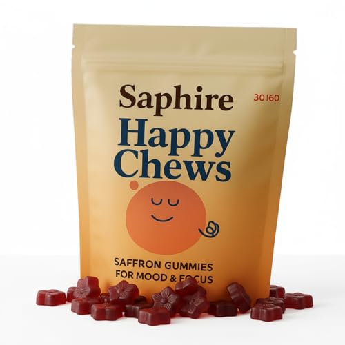 SAPHIRE HAPPY CHEWS Saffron Gummies for Kids | Supports Mood Calm & Focus | Saffron Extract Passionflower St. Johns Wort & GABA | Sugar-Free Gluten-Free Vegan Non-GMO (60 Gummies)