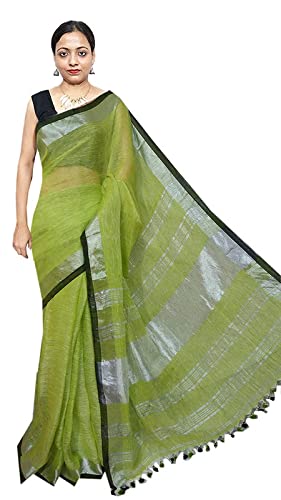 INDIA SILK P.W.C.S LTD Bhagalpuri Handloom Women's Linen Slub Saree With Contrast Paipin And Blouse Simple And Sober Very Nice Saree Free Size 6.5 Including Blouse