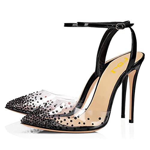 FSJ Women Pencil High Heel Spikes Studded Sandal Slip On D'Orsay Evening Pump Ankle Strap Clear Ballroom Dance Shoe Size 4-15 US