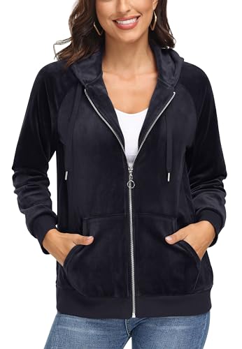 MAGCOMSEN Women's Velour Hooded Jacket Long Sleeve Full Zip Outerwear Soft Warm Velvet Jacket with Side Pockets