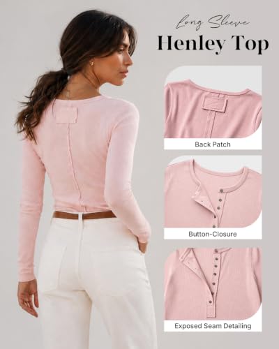 CHICME Women's Long Sleeve Henley Tops Button Ribbed Knit Tee-Light Pink-S — view 4
