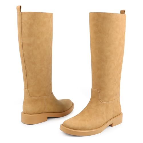 Image of JOY IN LOVE Knee High Boots for Women Low Chunky Block Heel Faux Leather Wide Calf Riding Tall Boots