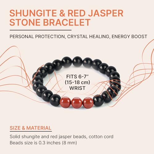 Karelian Heritage Shungite & Red Jasper Empath Crystal Healing Beaded Bracelet for Women and Men | 8 mm Handmade Unisex Authentic Shungite Stone Protection Jewelry BO392