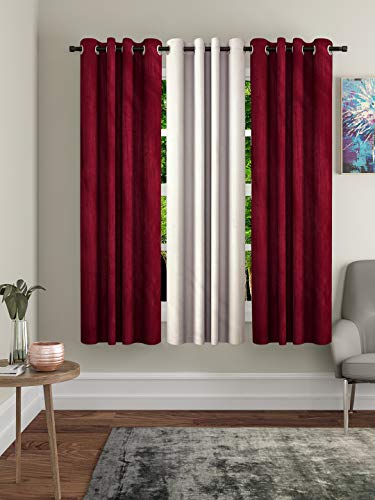 Image of Home Sizzler Polyester 3 Piece Window Curtain Set, 5 feet (2 Maroon, 1 Cream)