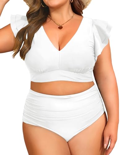 Daci Plus Size Two Piece Bikini Swimsuits - High Waisted Tummy Control Women Bathing Suits with Ruffle Sleeve Swimwear