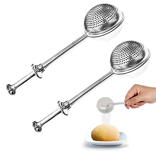 IEPECQ Powdered Sugar Shaker Duster Dusting Wand for Sugar Flour Spices Retractable Wand One-Handed Operation Powdered Sugar Sifter Baking Tools Stainless Steel Half-faced with Holes 2 Pack