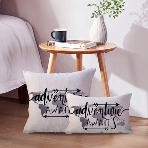 Ulove Love Yourself 220315MXDT1P Grey World Map Adventure Lumbar Throw Pillow Cover Adventure Awaits Arrow Decor Cabin/Camper Geography Theme Decorative Rectangular/Waist Pillowcases 12 X 20 Inch thumb #2