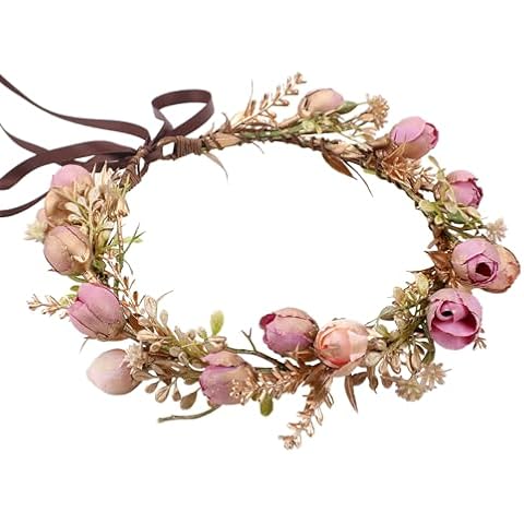 KorViSHOW Boho Sweet Girl Flower Crown - Golden Leaf Purple Flower Headband for Weeding, Birthday Party, Cosplay, Dress Up, Masquerade Cover