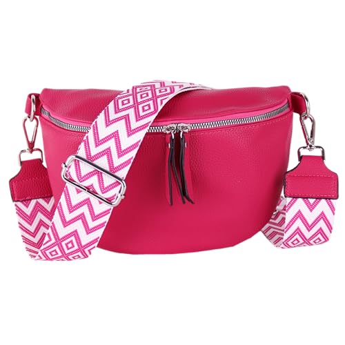 MIRROSI® Bauchtasche Damen, Veganleder 26x18x9cm, Umhängetasche, Brusttasche, Crossbody bag, Kunstleder leder, verstellbare Schulterriemen Bohemian Style (Magenta)
