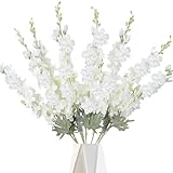 COEWUR 8PCS White Delphinium Artificial Flower Silk Larkspur Flowers 34.6'' Long Stem Plant Floral Silk Flowers Faux Bouquets for Tall Vase Floral Arrangements Floor Home Garden Outdoor Wedding Decor